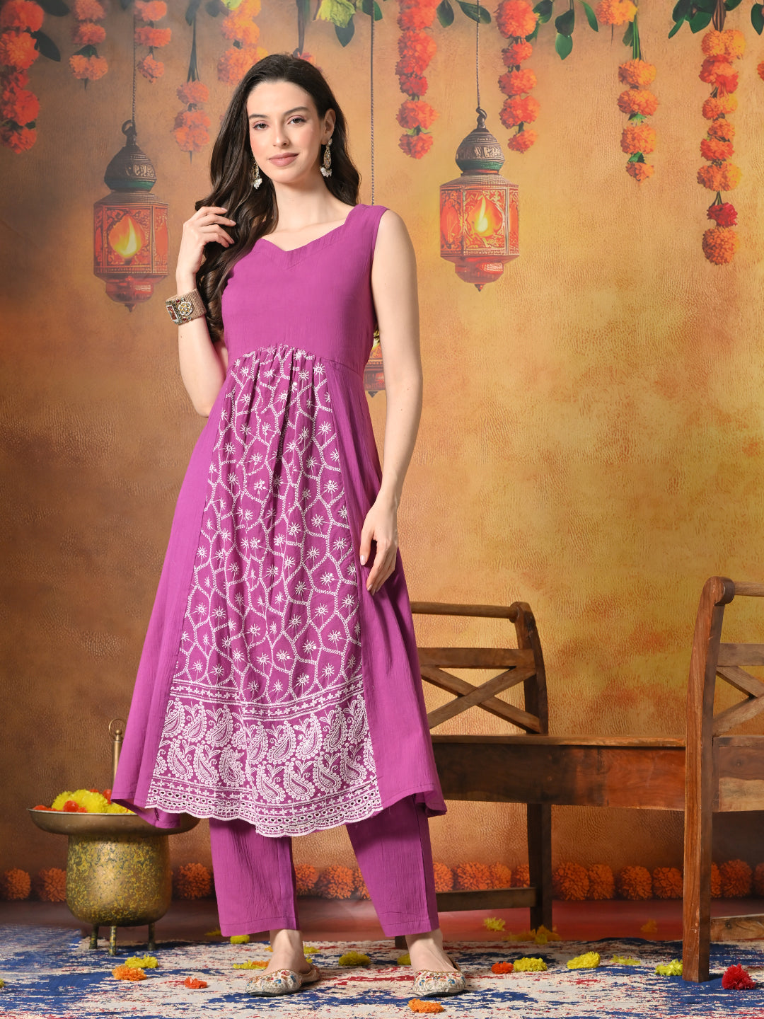 Myshka Women Wine Pure Cotton Embroidered Sleeveless Kurta Set Festive Wear
