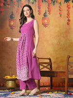 Thumbnail for Myshka Women Wine Pure Cotton Embroidered Sleeveless Kurta Set Festive Wear