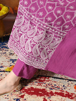 Thumbnail for Myshka Women Wine Pure Cotton Embroidered Sleeveless Kurta Set Festive Wear