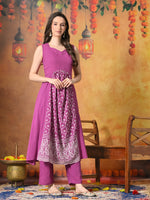 Thumbnail for Myshka Women Wine Pure Cotton Embroidered Sleeveless Kurta Set Festive Wear