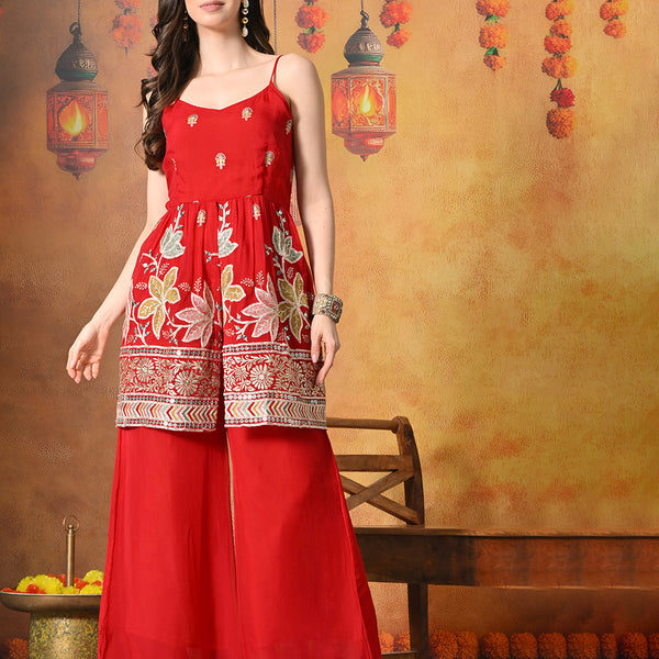 Myshka Women Red Tissue Embroidered Front Slit Strap Kurta Set Festive Wear - Distacart