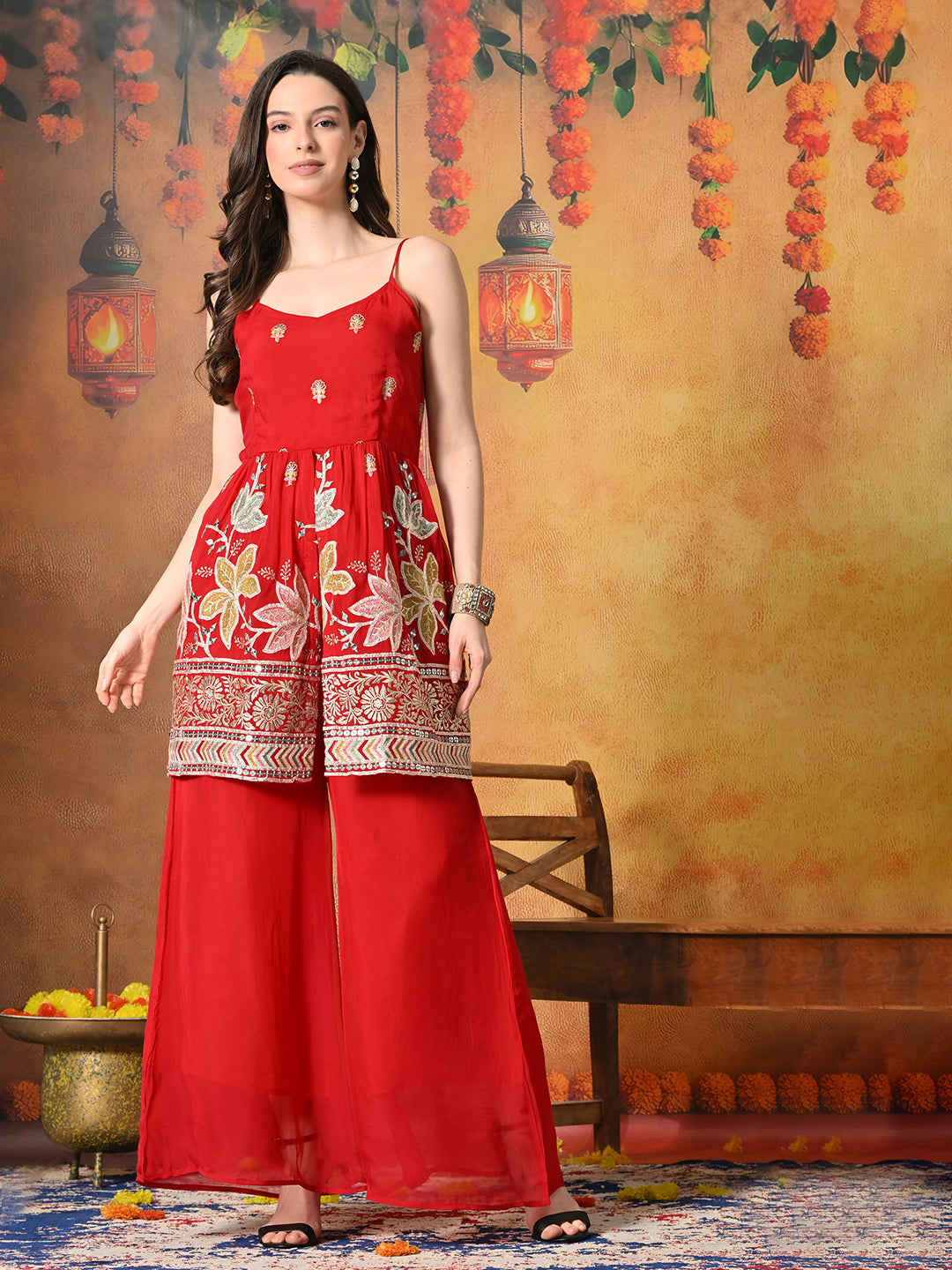 Myshka Women Red Tissue Embroidered Front Slit Strap Kurta Set Festive Wear