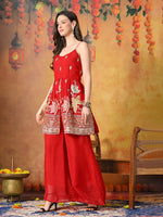 Thumbnail for Myshka Women Red Tissue Embroidered Front Slit Strap Kurta Set Festive Wear
