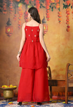 Thumbnail for Myshka Women Red Tissue Embroidered Front Slit Strap Kurta Set Festive Wear