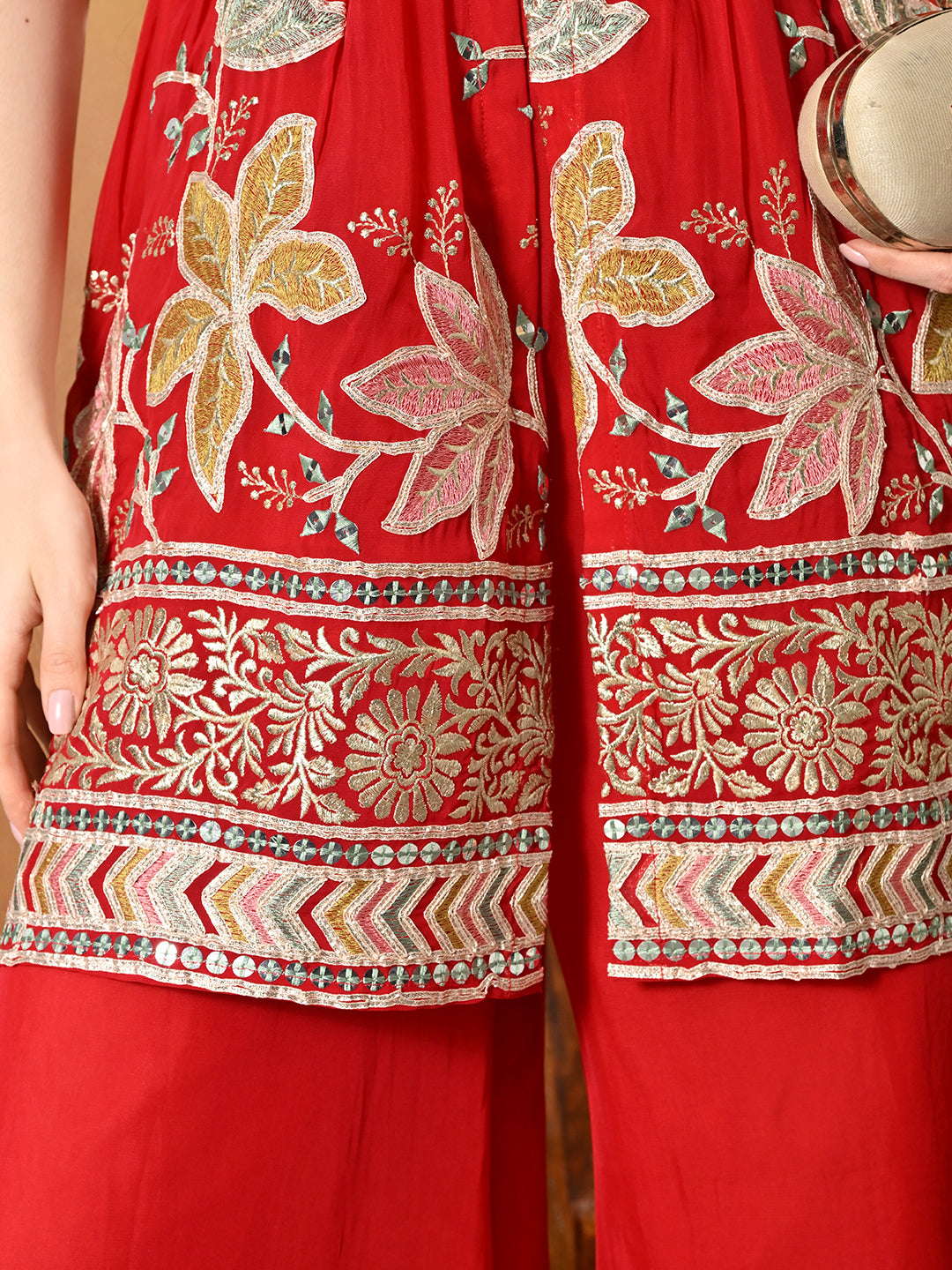 Myshka Women Red Tissue Embroidered Front Slit Strap Kurta Set Festive Wear