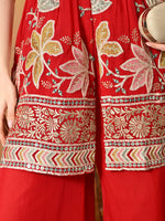 Thumbnail for Myshka Women Red Tissue Embroidered Front Slit Strap Kurta Set Festive Wear