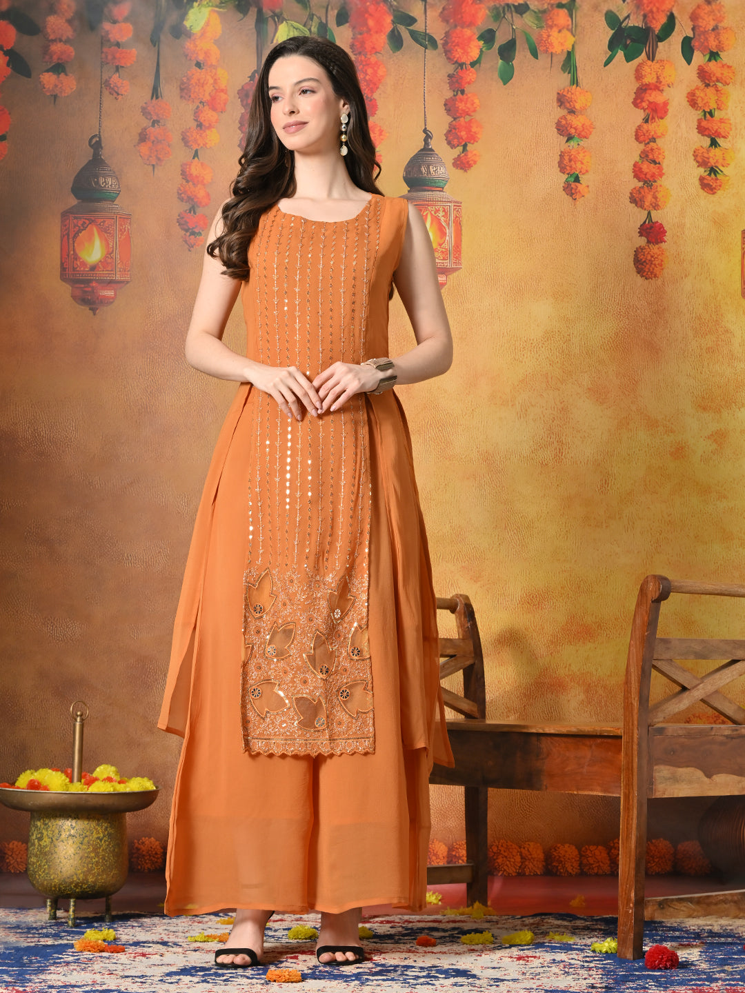 Myshka Women Fanta Embroidered Sleeveless High Slit Kurta Set Festive Wear - Distacart