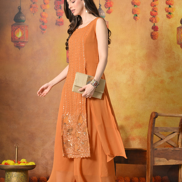 Myshka Women Fanta Embroidered Sleeveless High Slit Kurta Set Festive Wear