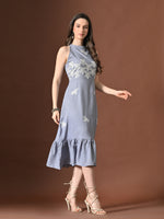 Thumbnail for Myshka Women Floral Embroidered Halter Neck Linen A-Line Dress Sleeves - Distacart