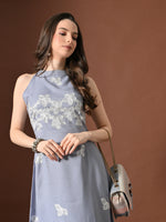 Thumbnail for Myshka Women Floral Embroidered Halter Neck Linen A-Line Dress Sleeves - Distacart