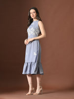 Thumbnail for Myshka Women Floral Embroidered Halter Neck Linen A-Line Dress Sleeves - Distacart