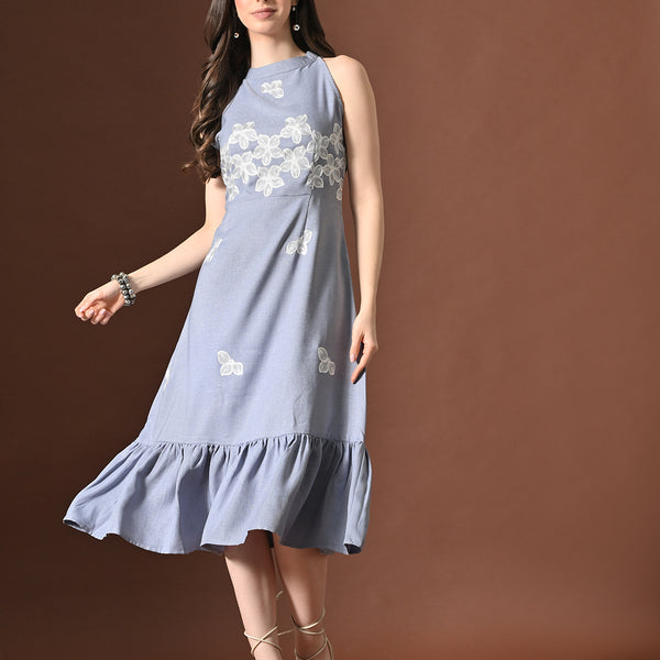 Myshka Women Floral Embroidered Halter Neck Linen A-Line Dress Sleeves - Distacart