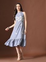 Thumbnail for Myshka Women Floral Embroidered Halter Neck Linen A-Line Dress Sleeves - Distacart