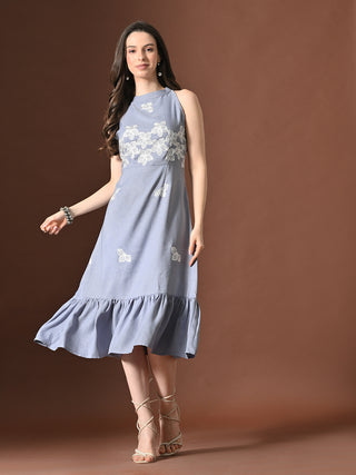 Myshka Women Floral Embroidered Halter Neck Linen A-Line Dress Sleeves