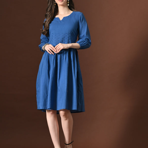 Myshka Women Embellished Embroidered Fit & Flare Dress Keyhole Neck Puff Sleeves