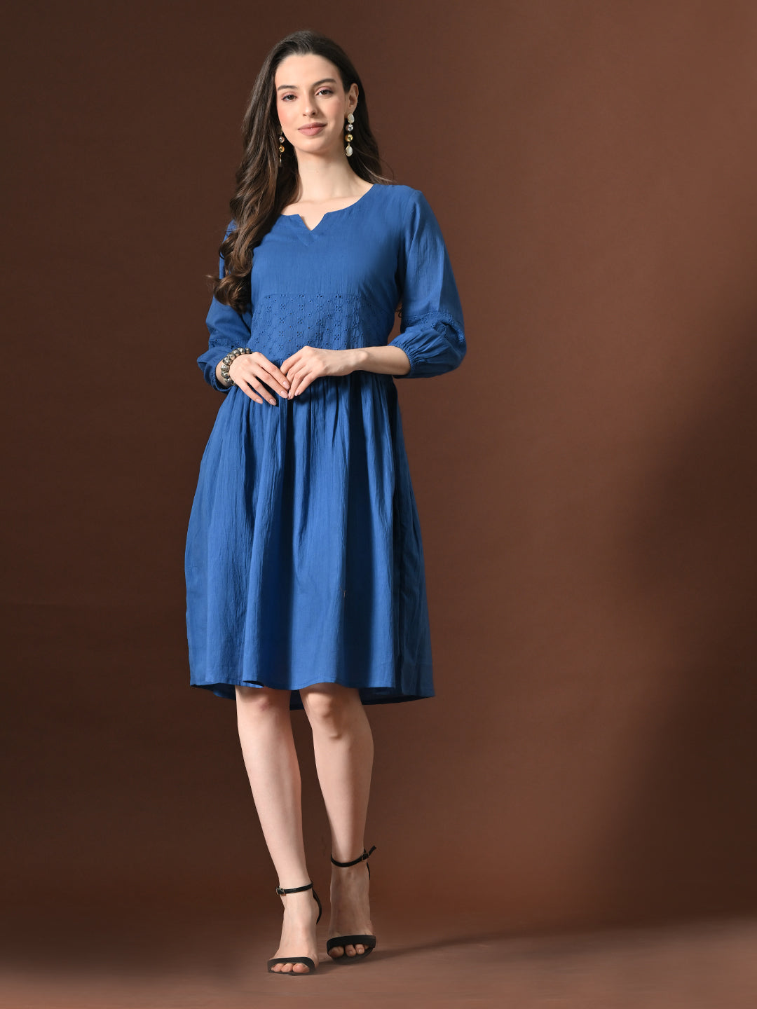 Myshka Women Embellished Embroidered Fit & Flare Dress Keyhole Neck Puff Sleeves - Distacart