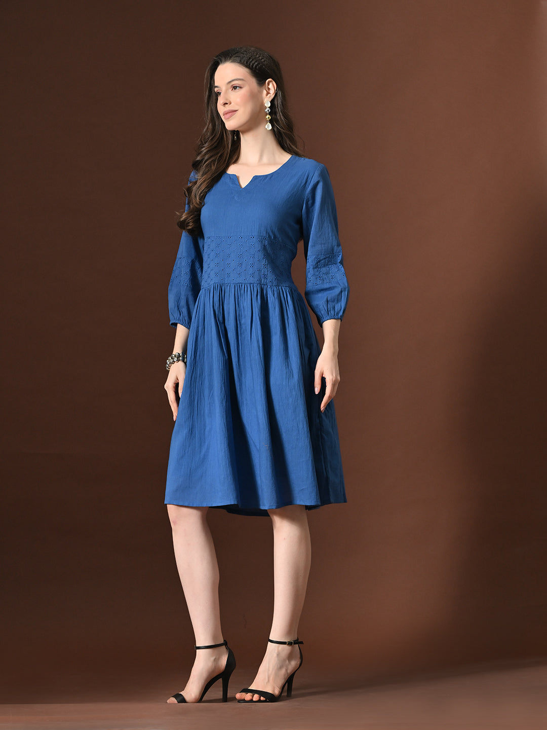 Myshka Women Embellished Embroidered Fit & Flare Dress Keyhole Neck Puff Sleeves