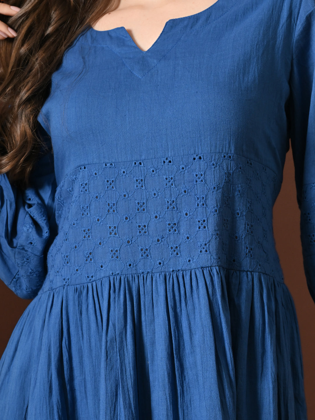 Myshka Women Embellished Embroidered Fit & Flare Dress Keyhole Neck Puff Sleeves