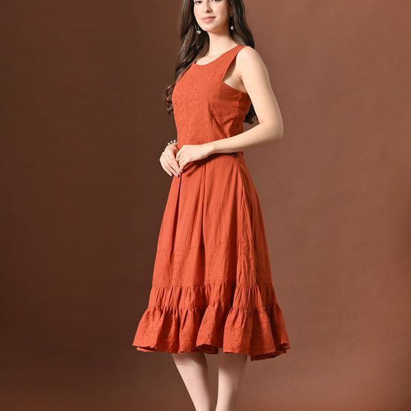 Myshka Women Rust Pure Cotton Sleeveless Schiffli Top and Flared Skirt - Distacart