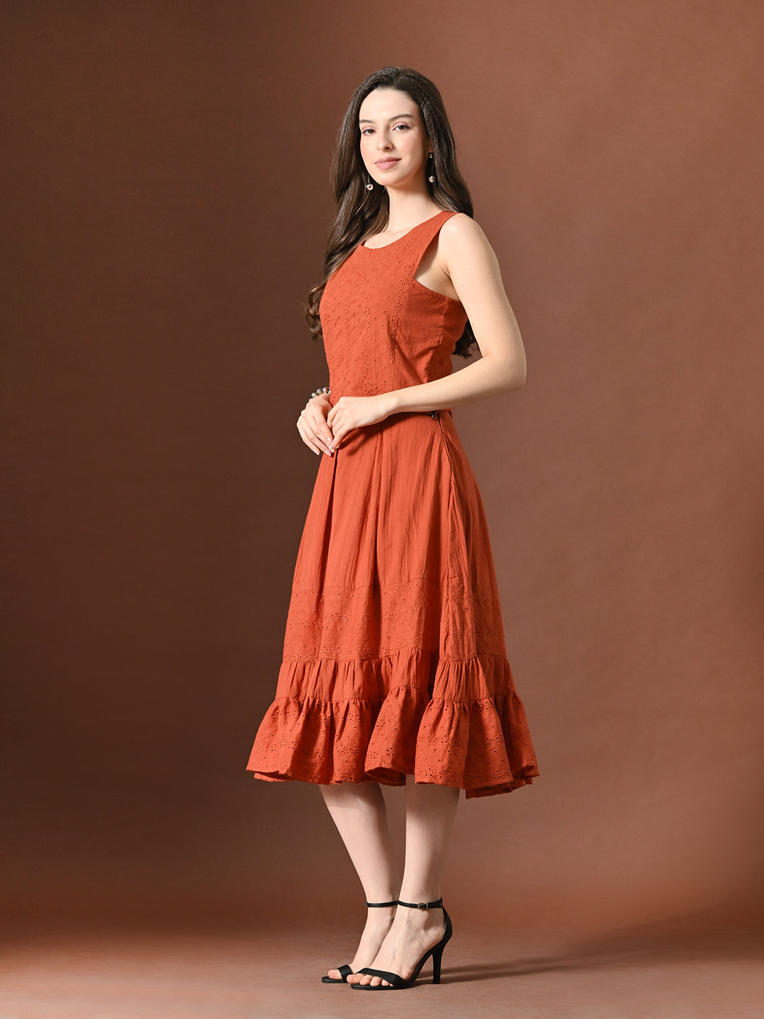 Myshka Women Rust Pure Cotton Sleeveless Schiffli Top and Flared Skirt - Distacart