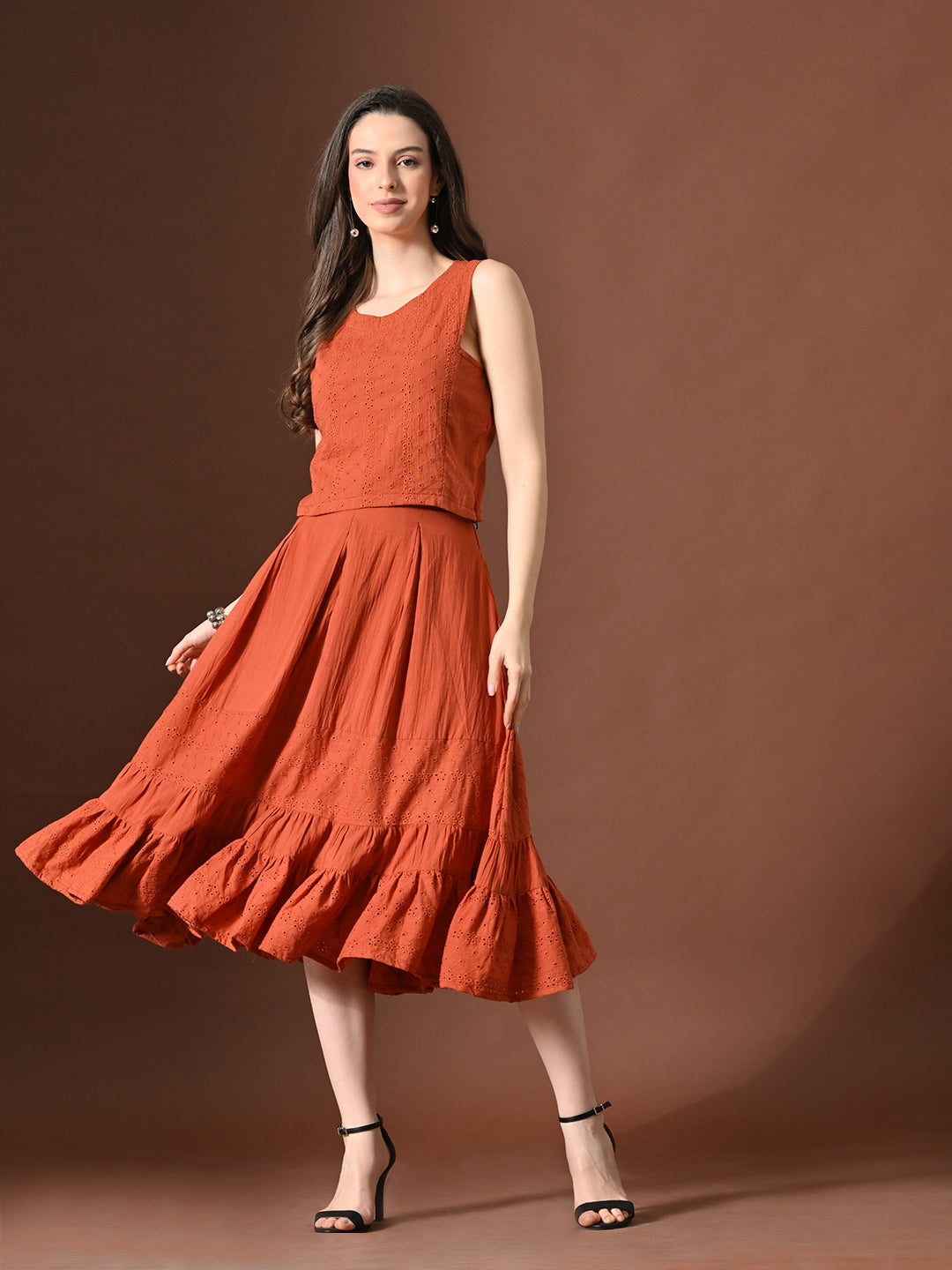Myshka Women Rust Pure Cotton Sleeveless Schiffli Top and Flared Skirt - Distacart