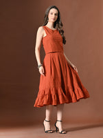 Thumbnail for Myshka Women Rust Pure Cotton Sleeveless Schiffli Top and Flared Skirt - Distacart