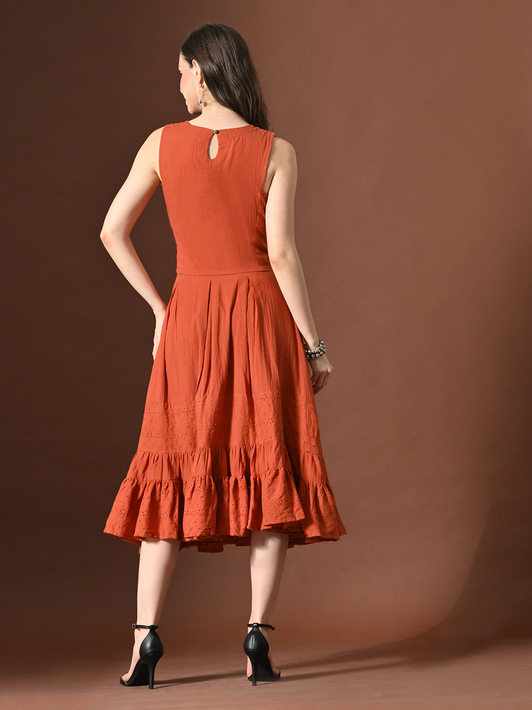 Myshka Women Rust Pure Cotton Sleeveless Schiffli Top and Flared Skirt - Distacart