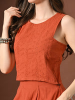 Thumbnail for Myshka Women Rust Pure Cotton Sleeveless Schiffli Top and Flared Skirt - Distacart
