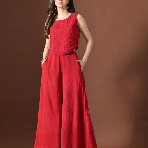 Myshka Women Red Pure Cotton Sleeveless Schiffli Top with Flared Trouser