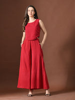 Thumbnail for Myshka Women Red Pure Cotton Sleeveless Schiffli Top with Flared Trouser