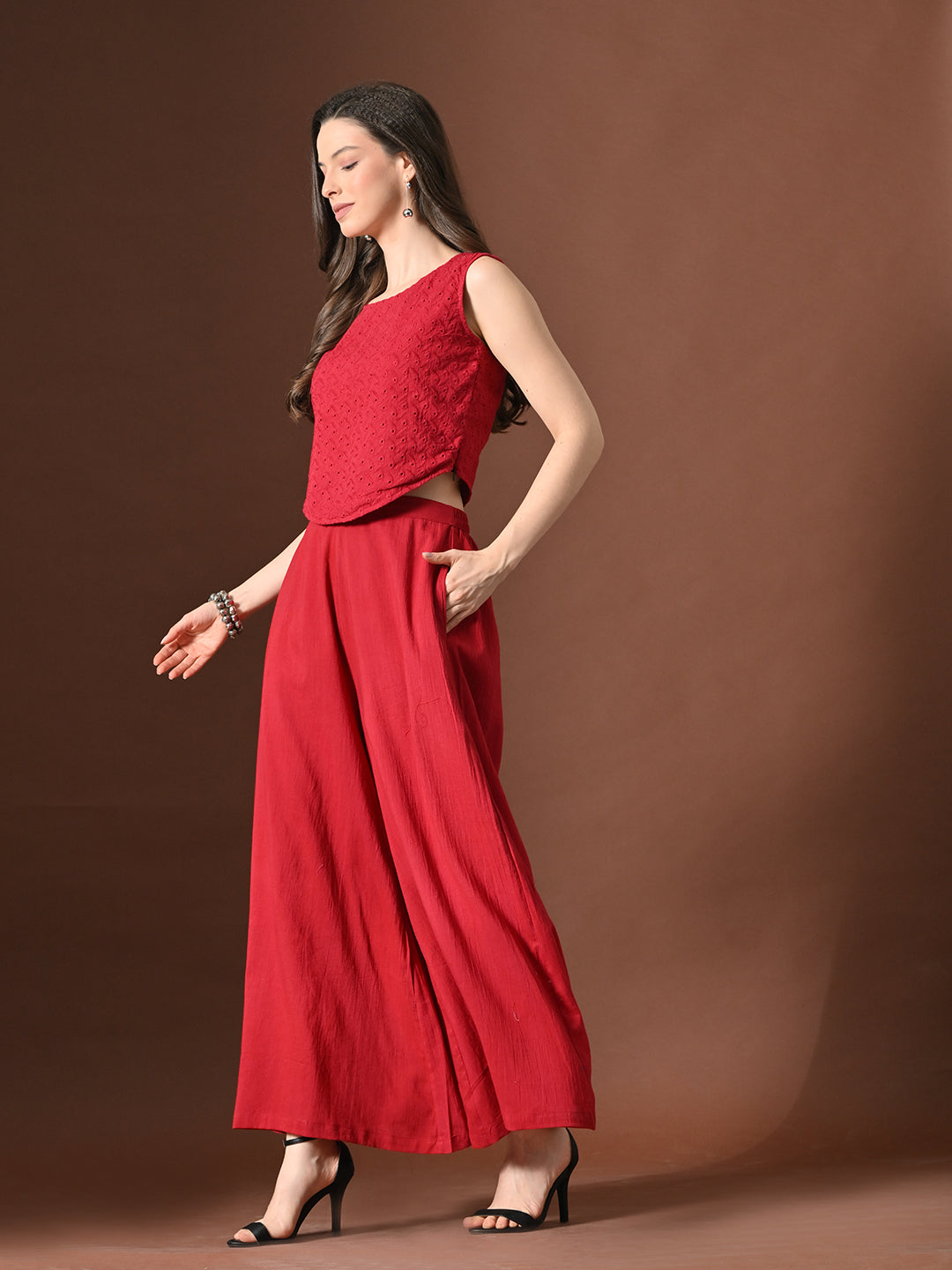 Myshka Women Red Pure Cotton Sleeveless Schiffli Top with Flared Trouser - Distacart