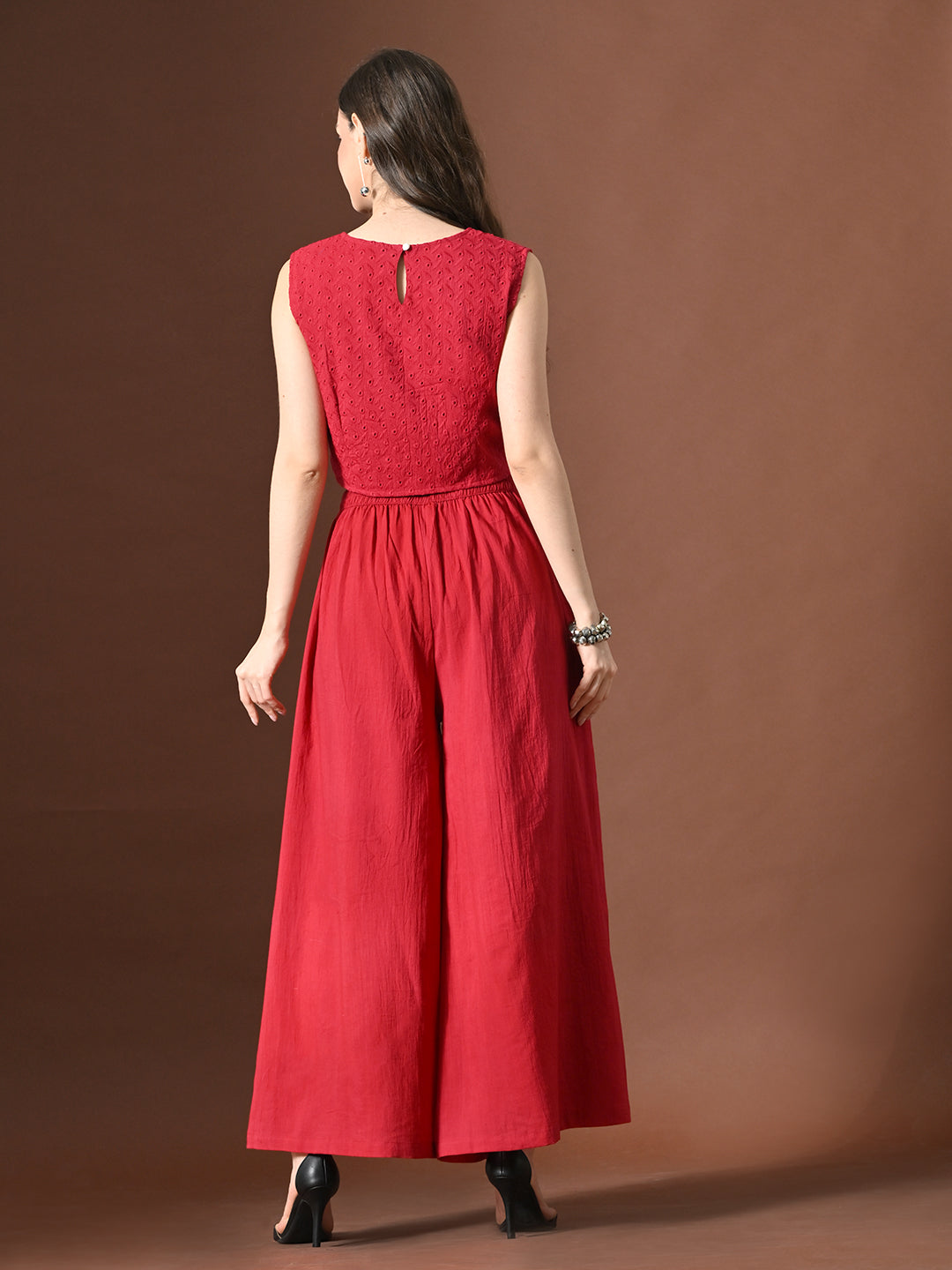 Myshka Women Red Pure Cotton Sleeveless Schiffli Top with Flared Trouser