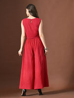 Thumbnail for Myshka Women Red Pure Cotton Sleeveless Schiffli Top with Flared Trouser