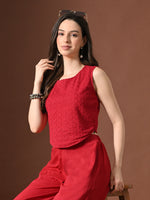 Thumbnail for Myshka Women Red Pure Cotton Sleeveless Schiffli Top with Flared Trouser