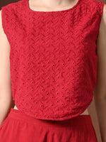 Thumbnail for Myshka Women Red Pure Cotton Sleeveless Schiffli Top with Flared Trouser