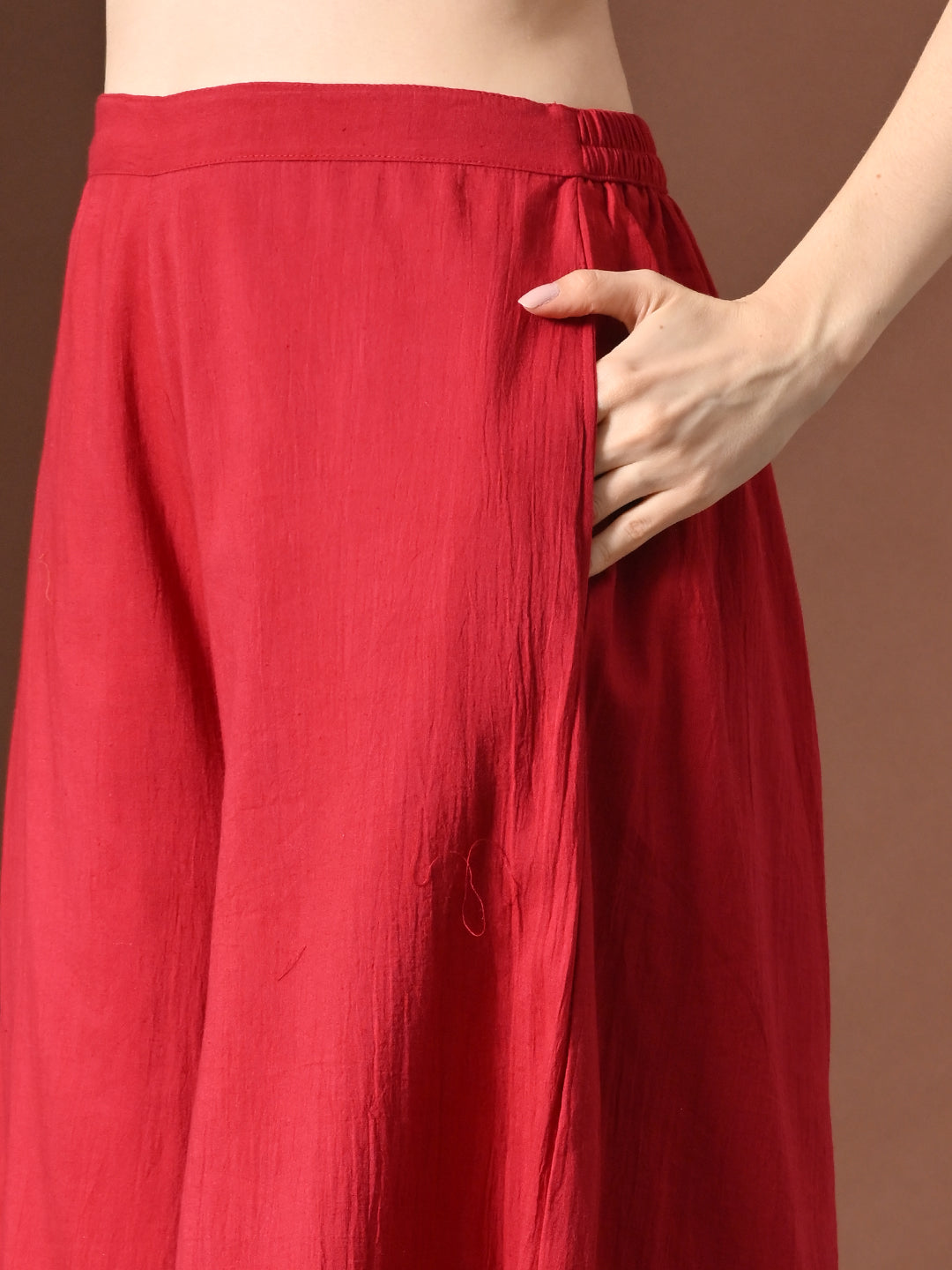 Myshka Women Red Pure Cotton Sleeveless Schiffli Top with Flared Trouser