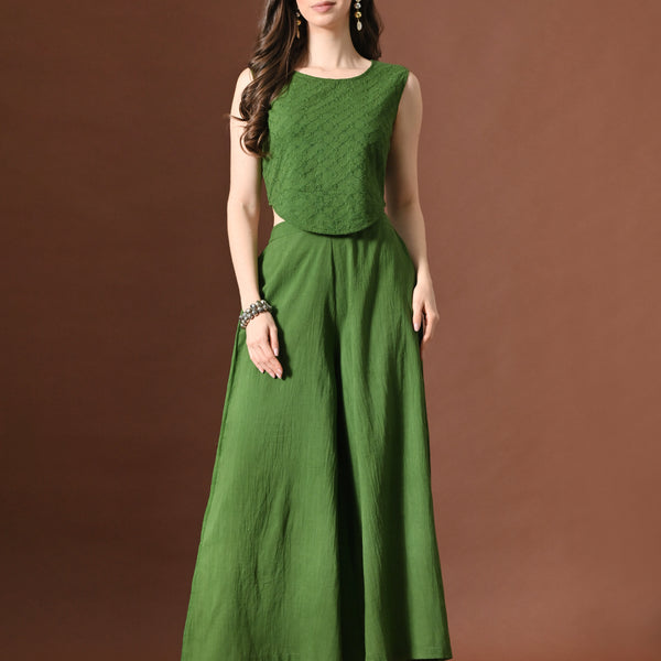 Myshka Women Green Pure Cotton Sleeveless Schiffli Top with Flared Trouser