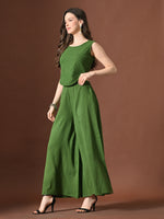 Thumbnail for Myshka Women Green Pure Cotton Sleeveless Schiffli Top with Flared Trouser