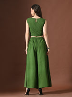 Thumbnail for Myshka Women Green Pure Cotton Sleeveless Schiffli Top with Flared Trouser