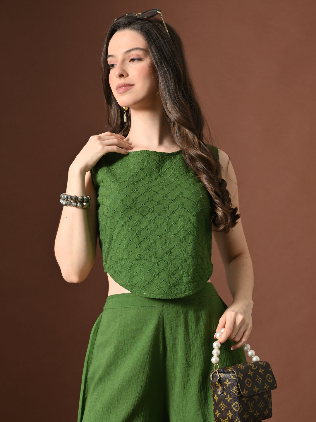 Myshka Women Green Pure Cotton Sleeveless Schiffli Top with Flared Trouser