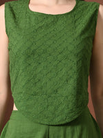 Thumbnail for Myshka Women Green Pure Cotton Sleeveless Schiffli Top with Flared Trouser