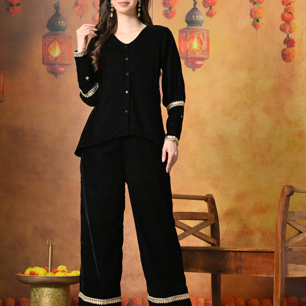 Myshka Women Black Velvet Shirt Embroidered Full Sleeves with Flared Trouser