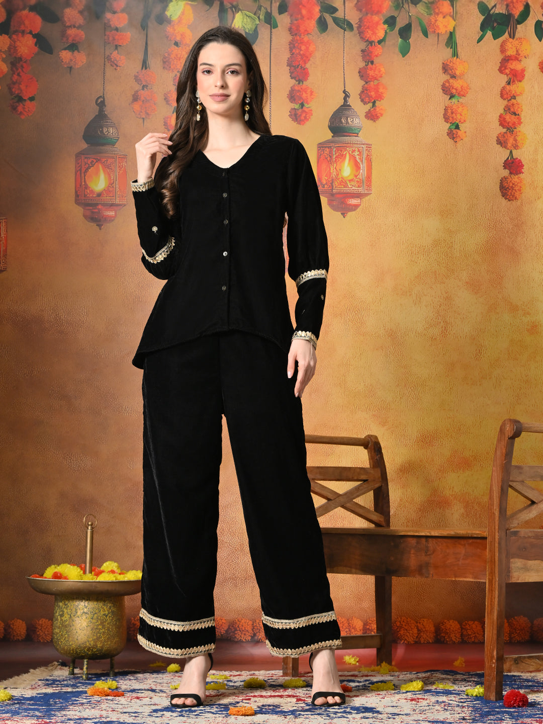 Myshka Women Black Velvet Shirt Embroidered Full Sleeves with Flared Trouser - Distacart