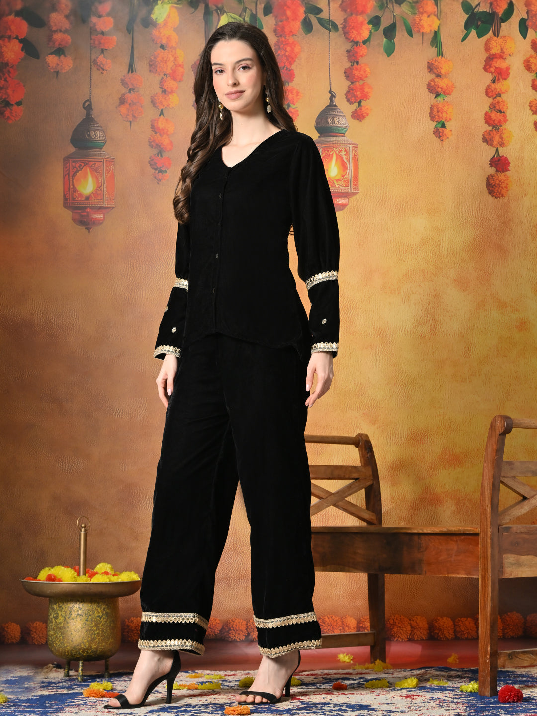 Myshka Women Black Velvet Shirt Embroidered Full Sleeves with Flared Trouser