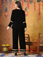 Thumbnail for Myshka Women Black Velvet Shirt Embroidered Full Sleeves with Flared Trouser