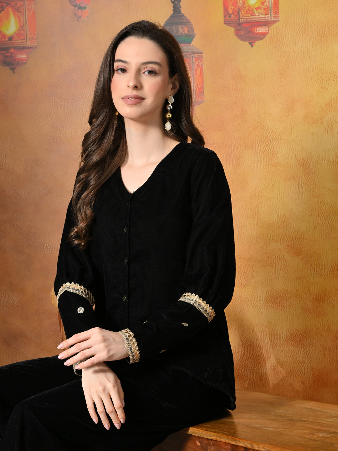 Myshka Women Black Velvet Shirt Embroidered Full Sleeves with Flared Trouser