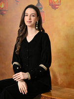 Thumbnail for Myshka Women Black Velvet Shirt Embroidered Full Sleeves with Flared Trouser