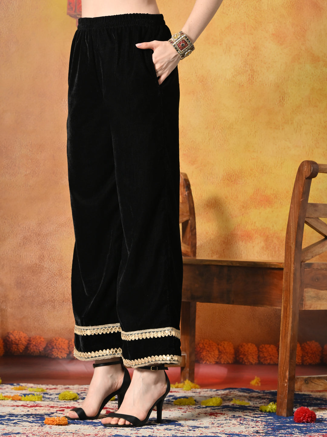 Myshka Women Black Velvet Shirt Embroidered Full Sleeves with Flared Trouser