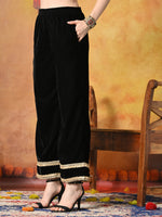 Thumbnail for Myshka Women Black Velvet Shirt Embroidered Full Sleeves with Flared Trouser