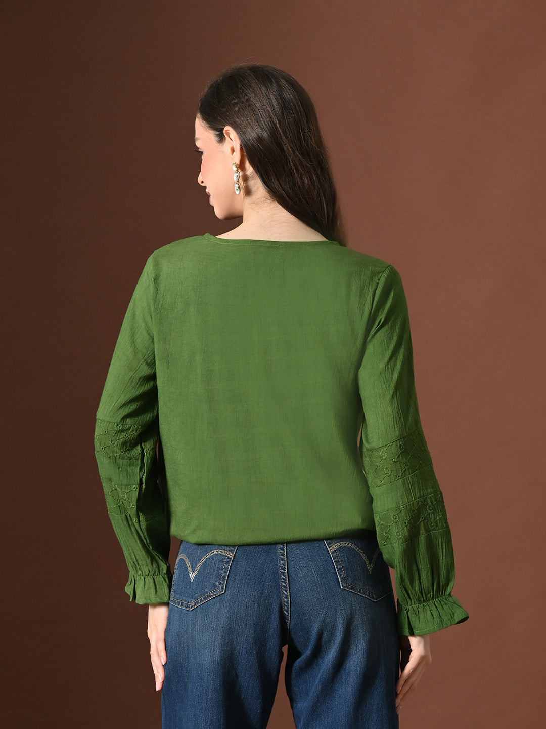 Myshka Women Pure Cotton Top Puffed Full Sleeves Schiffli Pattern Embroidered Waist Tie-up Style